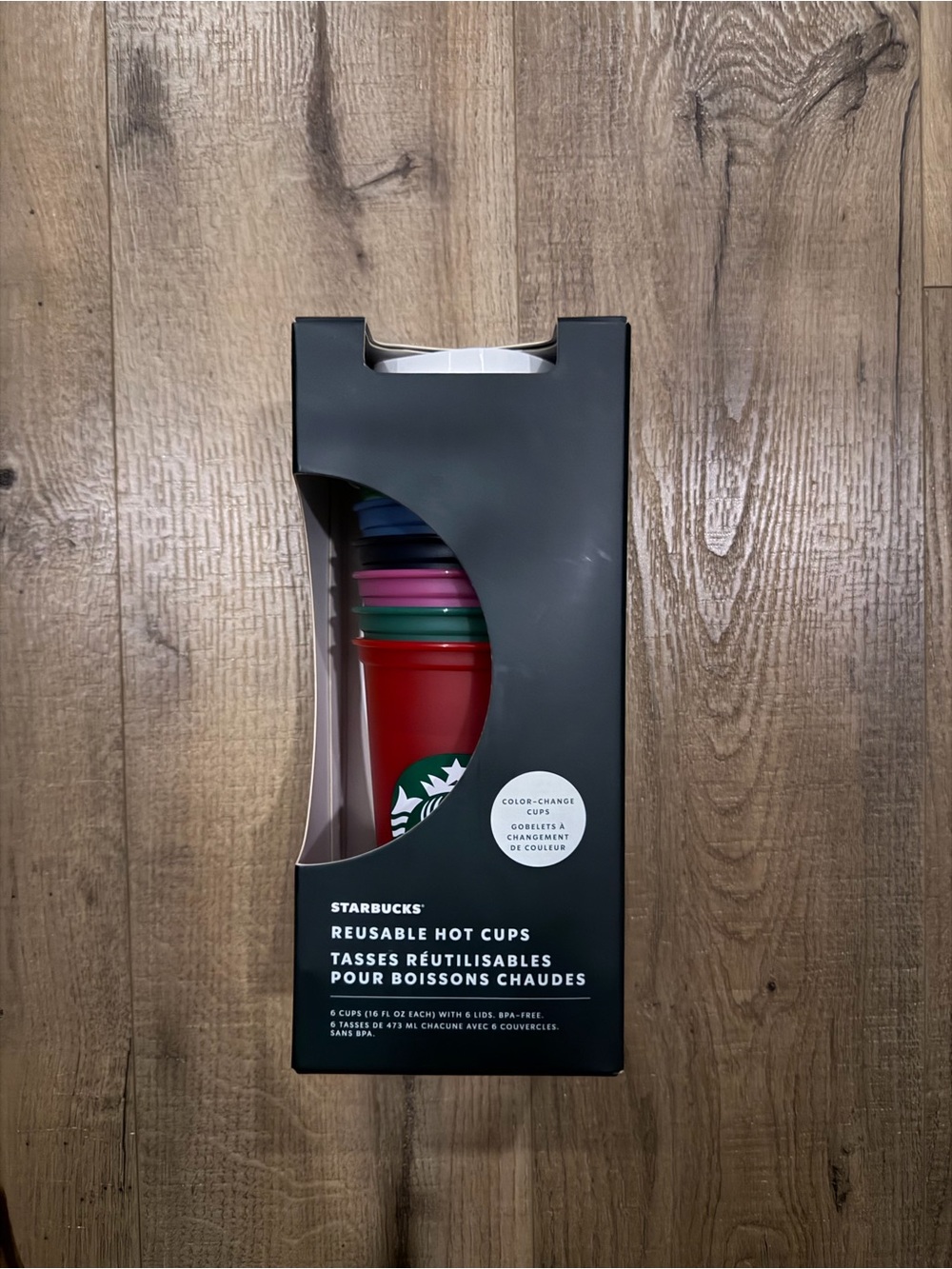 NIB Starbucks Color Changing Reusable Hot Cups Pack of 6 Lids Included 16oz